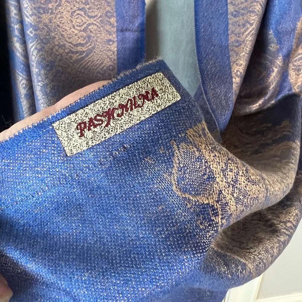 Vintage Blue Gold Paisley Pashmina Wrap Scarf Jacquard Shawl Fall Travel